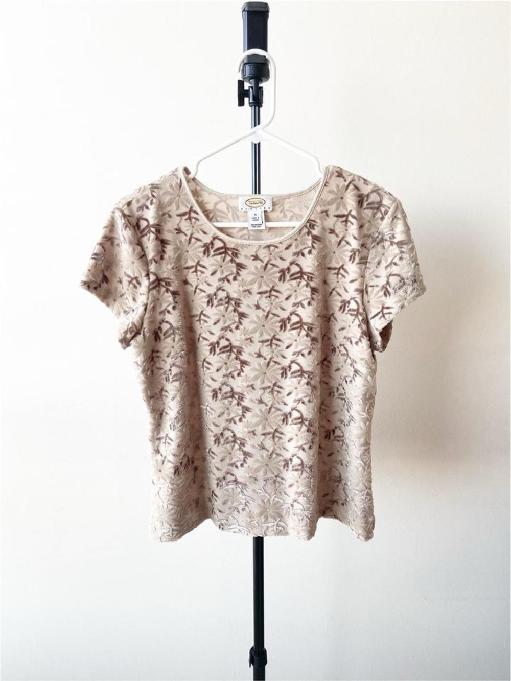 Talbots Brown & Cream Floral Velvet Short Sleeve Women's Top Size M